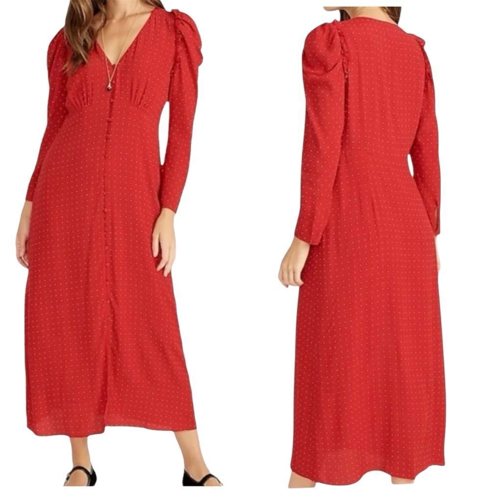 J Crew Womens Midi Dress 14 Drapey Red Pin Dot Front Buttons Lined Puff Sleeve